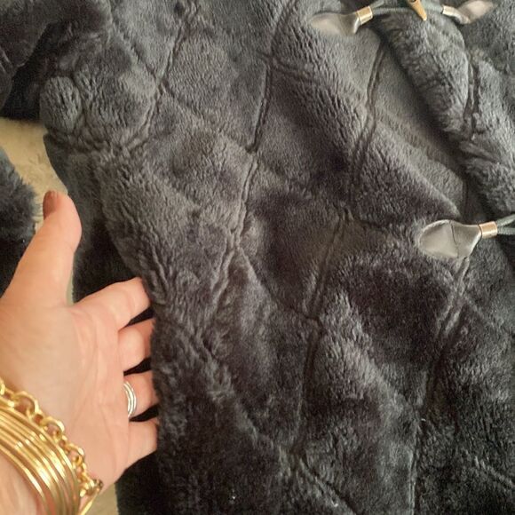 Hooded Black Textured Faux Fur Classic Duffle Coat - Picture 11 of 11